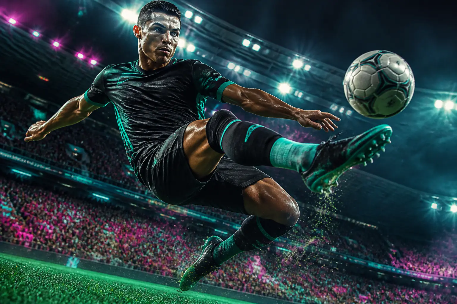Gecə stadionunda futbol matçı və yan ekranda canlı əmsallarla açılmış mərc kuponu