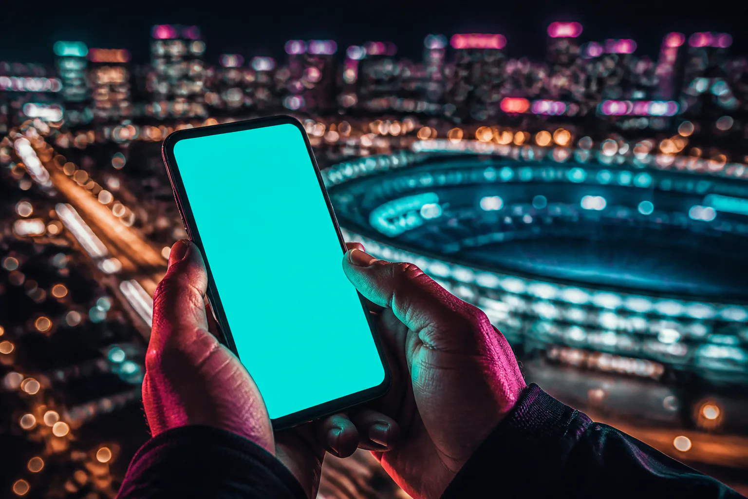 Əlində tutulmuş smartfonun ekranında mərc və oyun tətbiqinin interfeysi